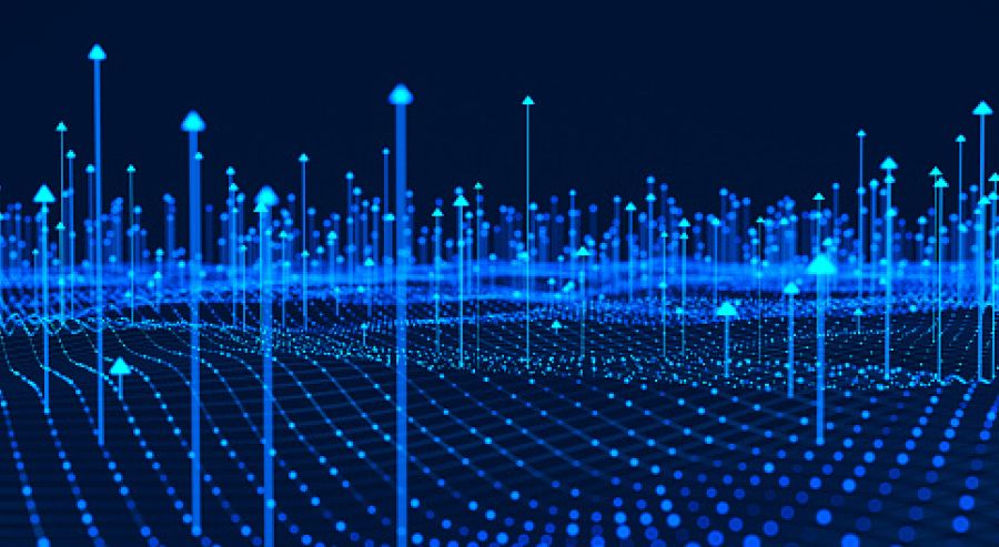 A 3D digital grid with upward-pointing blue arrows of varying heights and intensities, representing different data values across the grid.